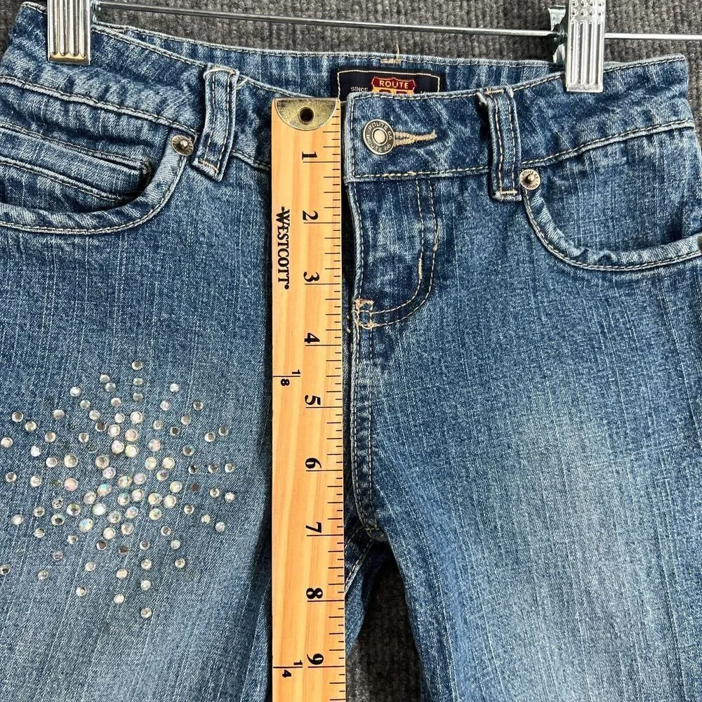 Vintage Route 66 Girls Flare Bootcut Jeans Size 8 Rhinestone 90s Stretch Denim